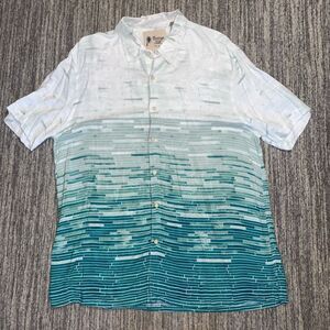 Vintage Silk Mens XXL Button‎ Front Shirt Green White Geometric Ombre Rayon